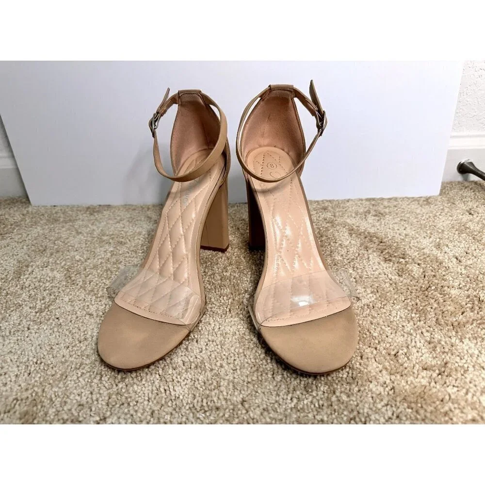 Forever Amber-07 Women’s‎ Block High Heels Dress Sandals Taupe Nub/Clear Size 8